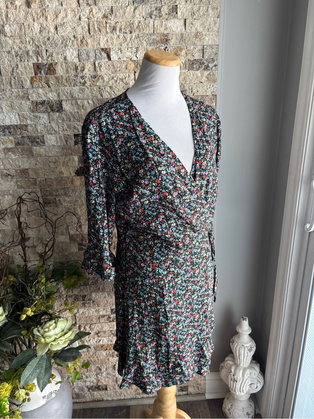 LOFT Black Floral Wrap Midi Dress with shorts romper